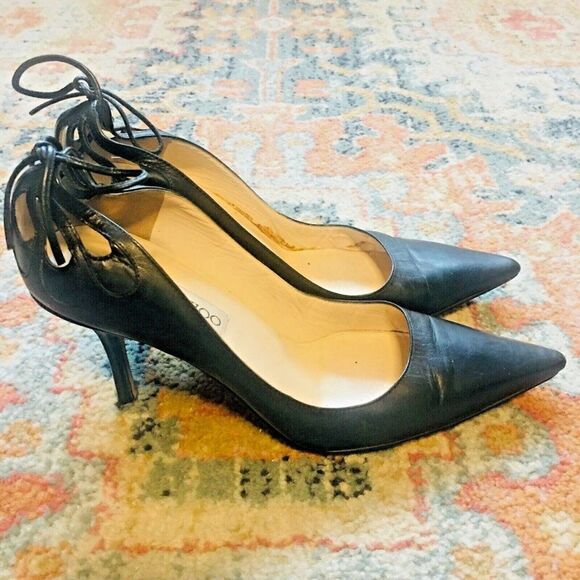 JIMMY CHOO Y2K Black Leather Bow Butterfly Cutouts Heels Pumps Shoes 37.5/7 - Picture 8 of 14
